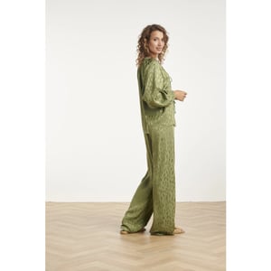 Smashed Lemon Glinsterende wide-leg pantalon met dieren print in olijfgroen |