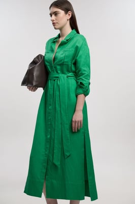 Viscose Linen Woven Belted Shirt Dress