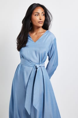Petite Denim Look Tie Waist Midi Dress