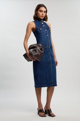 Denim Sleeveless Midi Button Detail Midi Dress
