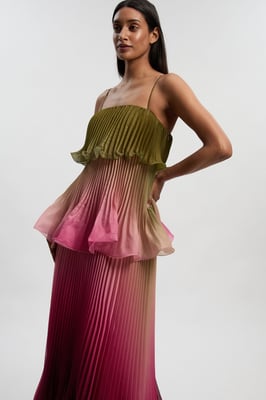 Pleated Slub Organdie Peplum Woven Maxi Dress