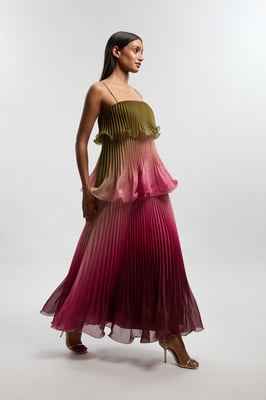 Pleated Slub Organdie Peplum Woven Maxi Dress