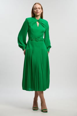 Ponte And Georgette Mix Balloon Sleeve Cut Out Detail Pleated Maxi Dress