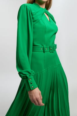 Ponte And Georgette Mix Balloon Sleeve Cut Out Detail Pleated Maxi Dress
