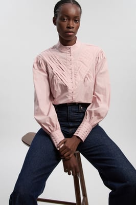 Cotton Pleated High Neck Balloon Sleeve Woven Blouse