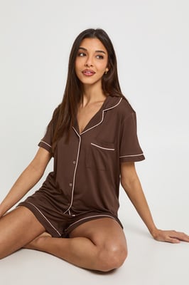 Jersey Piping Detail Short Sleeve Shirt & Shorts Pyjama Set