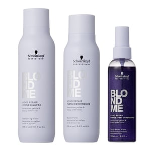 Schwarzkopf Blondme Bond Repair Purple Shampoo 300ml, Blondme Purple Conditioner 250ml & Blondme Purple Spray Conditioner 150ml Pack