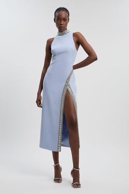 Crystal Embellished Woven Thigh Split Maxi