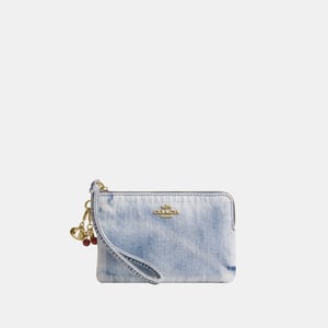 Corner Zip Wristlet In Loved Denim With Charms