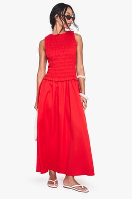 Racer Neck Shirred Drop Waist Midaxi Dress