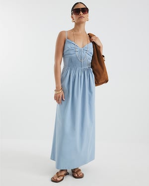 River Island Womens Midi Dress Petite Blue Pintuck Waist V-Neck