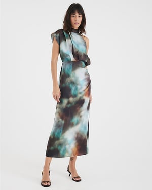 River Island Womens Midi Dress Green Satin Printed High Neck