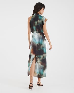 River Island Womens Midi Dress Green Satin Printed High Neck