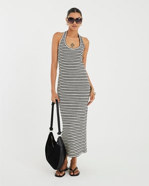 River Island Womens Midi Dress Cream Stripe Halter Neck Sleeveless