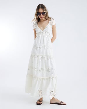 River Island Womens Midi Dress Cream Sleeveless V-Neck Broderie