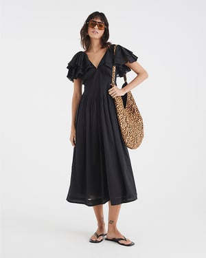 River Island Womens Midi Dress Black Premium Flutter V-Neck