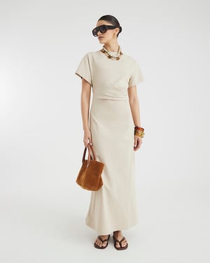 River Island Womens Midi Dress Beige Short Sleeve Drape Side