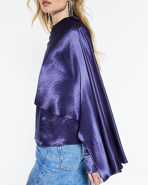 River Island Womens Blouse Blue Satin Ruched Cape Detail