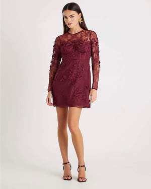 River Island Womens Mini Dress Red Lace Long Sleeve Embellished