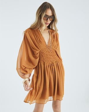 River Island Womens Smock Mini Dress Yellow Long Sleeve V-Neck