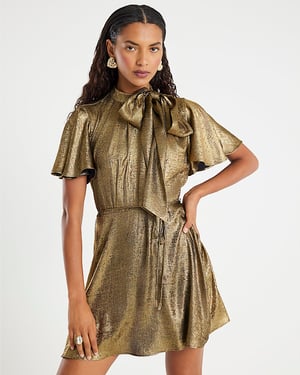 River Island Womens Dress Gold Metallic Pussybow Flippy