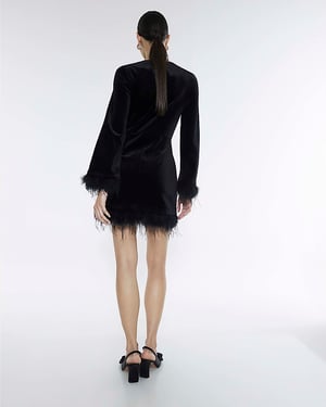 River Island Womens Dress Black Velvet Long Sleeve Feather Trim