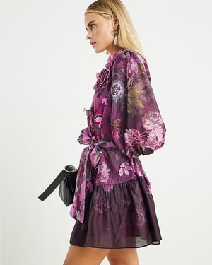 River Island Womens Mini Dress Petite Purple 3D Floral Belted