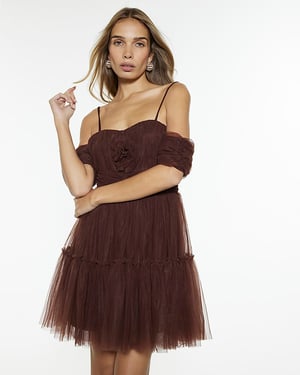 River Island Womens Mini Dress Brown Tulle Sleeveless