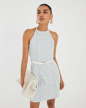 River Island Womens Mini Dress Blue Halter Neck Boucle Belted