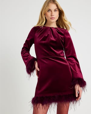 River Island Womens Dress Red Velvet Long Sleeve Feather Trim