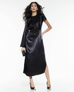 River Island Womens Maxi Dress Black Satin One Sleeve