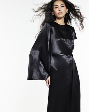 River Island Womens Maxi Dress Black Satin One Sleeve