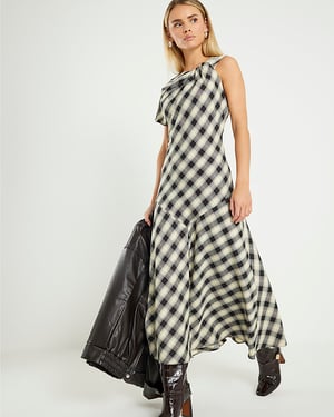 River Island Womens Maxi Dress Petite Cream Check Print Knot