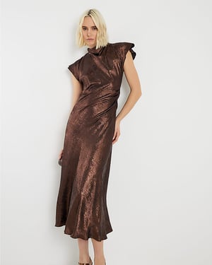 River Island Womens Maxi Dress Gold Metallic Cowl Neck