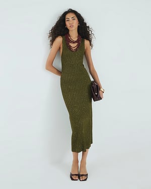 River Island Womens Maxi Dress Green Knit Sequin V-Neck