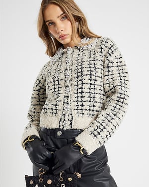 River Island Womens Cardigan Cream Boucle Knit Pearl Trim