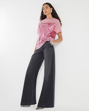 River Island Womens Top Pink Short Sleeve Sequin