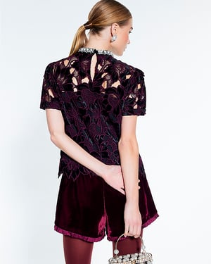 River Island Womens Top Red Velvet Lace Embellished