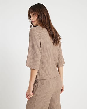 River Island Womens Top Beige Short Sleeve Textured Knot Side