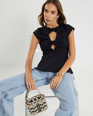 River Island Womens Top Black Plunge Neckline Bow
