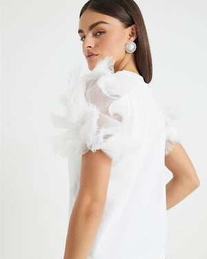 River Island Womens Top Cream Short Ruffle Sleeve