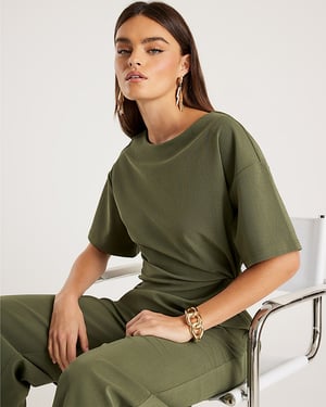 River Island Womens Top Khaki Short Sleeve Twist Detail