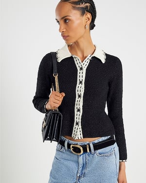 River Island Womens Peplum Top Black Knitted Collared Boucle