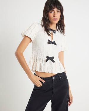 River Island Womens Top Cream Short Sleeve Textured Bow