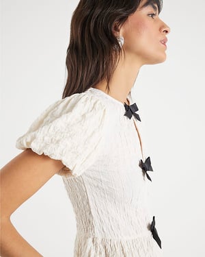 River Island Womens Top Cream Short Sleeve Textured Bow