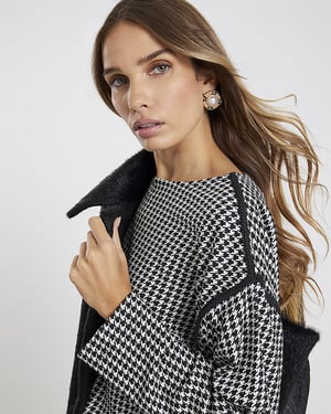 River Island Womens Sweatshirt Black Long Sleeve Dogtooth Print