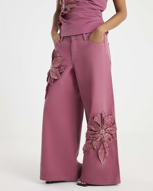 River Island Womens Wide Leg Jeans Petite Pink Low Rise Flower Denim