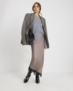 River Island Womens Midi Skirt Grey Lace Trim Satin