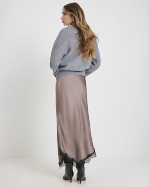 River Island Womens Midi Skirt Grey Lace Trim Satin