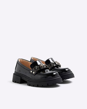 River Island Girls Chunky Loafers Black Floral Shoes
